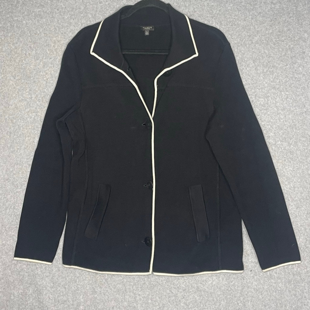 Talbots Petite Black Knit Jacket White Trim Button Front